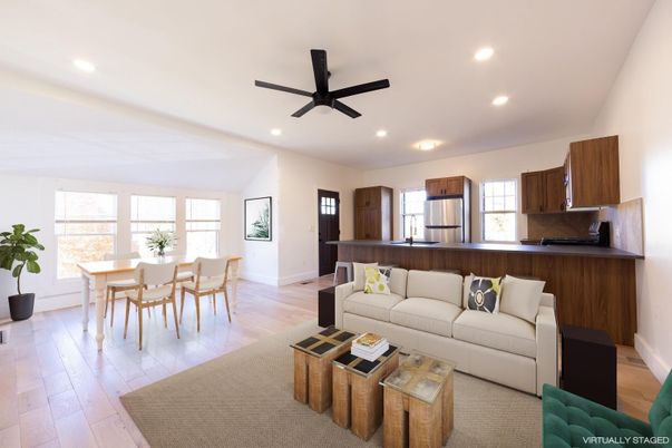 Dining room, Interior, Kitchen, Living room, Recessed Lighting, Wood Texture Flooring