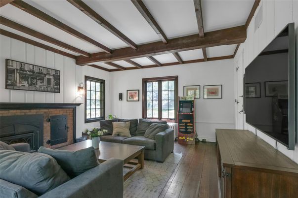 Fireplace, Interior, Living room, Wooden Beams, Wood Texture Flooring
