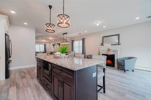 Fireplace, Interior, Kitchen, Pendant Lights, Recessed Lighting, Wood Texture Flooring
