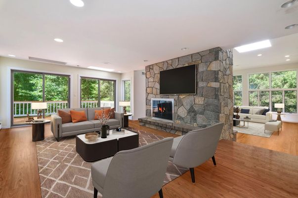 Fireplace, Interior, Living room, Recessed Lighting, Stone Walls, Wood Texture Flooring