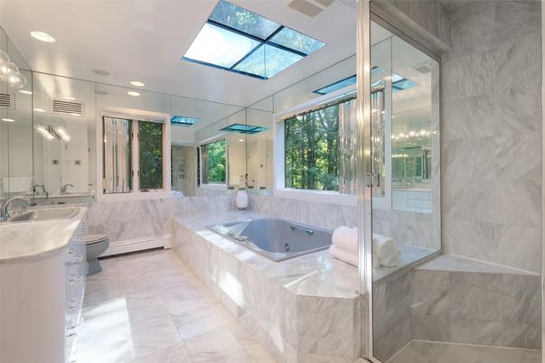 Bathroom, Dual Sink Vanities, Glass Shower, Interior, Marble, Marble Walls, Recessed Lighting