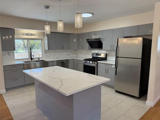 Interior, Kitchen, Pendant Lights, Stainless Steel Appliances, Wood Texture Flooring