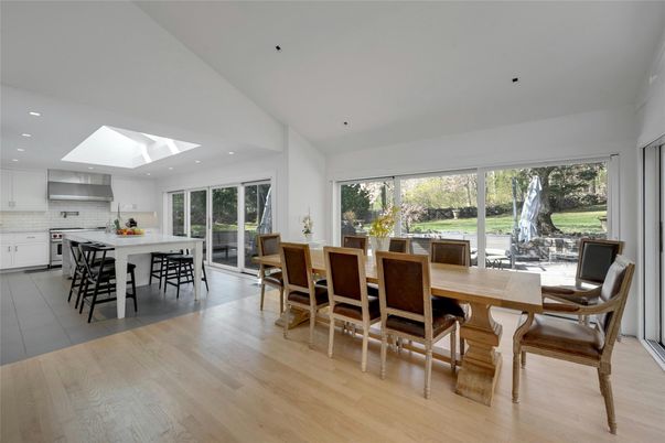 Dining room, Interior, Kitchen, Recessed Lighting, Stainless Steel Appliances, Wood Texture Flooring