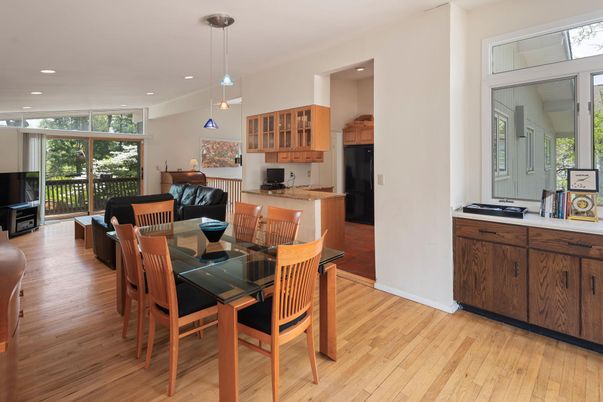 Dining room, Interior, Kitchen, Pendant Lights, Recessed Lighting, Wood Texture Flooring
