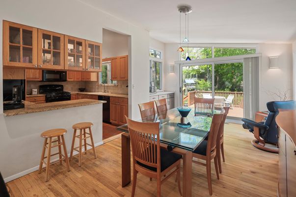 Dining room, Interior, Kitchen, Pendant Lights, Wood Texture Flooring