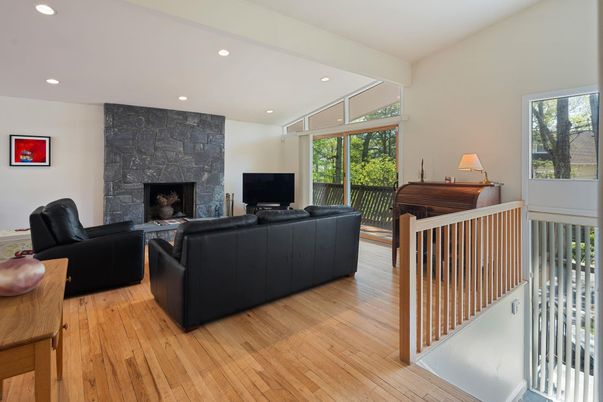 Fireplace, Interior, Living room, Recessed Lighting, Wood Texture Flooring