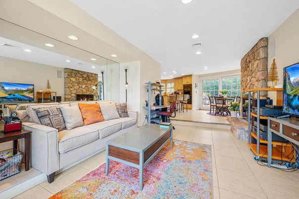 Dining room, Fireplace, Interior, Kitchen, Living room, Recessed Lighting, Stone Walls