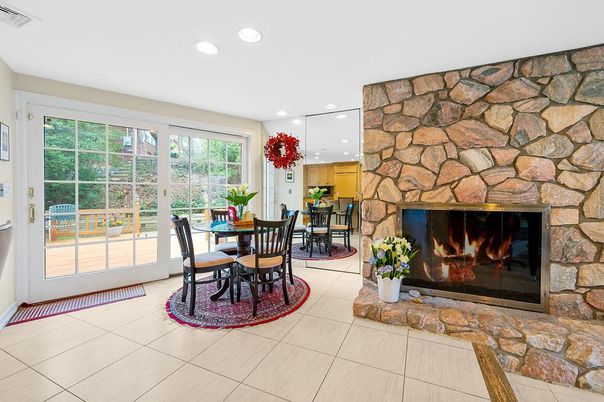Dining room, Fireplace, Interior, Recessed Lighting, Stone Walls