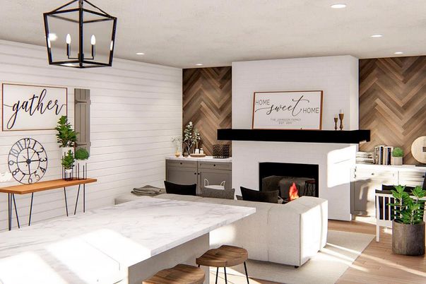 Fireplace, Interior, Pendant Lights, Recessed Lighting, Wood Texture Flooring, Wooden Walls