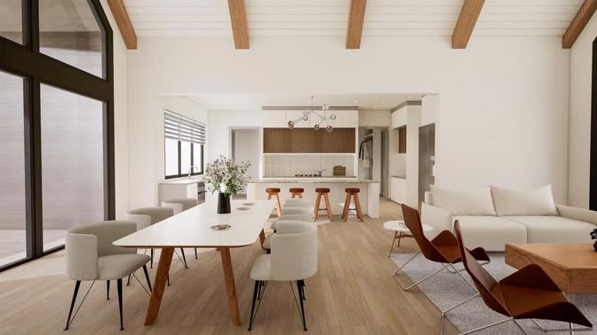 Dining room, Interior, Kitchen, Living room, Recessed Lighting, Wooden Beams, Wood Texture Flooring