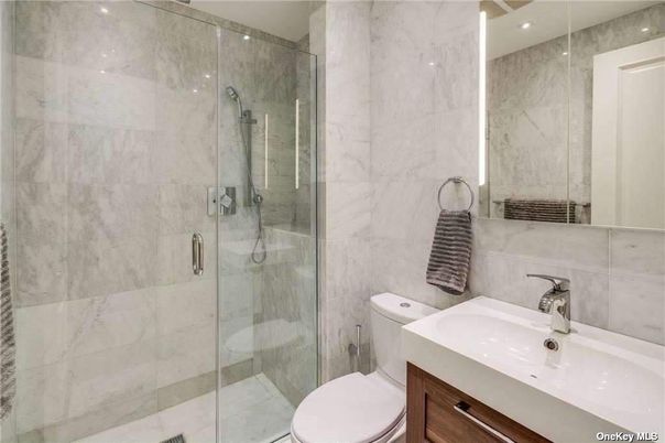 Bathroom, Glass Shower, Interior, Marble Walls, Recessed Lighting