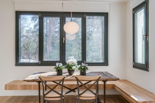 Dining room, Interior, Pendant Lights, Wood Texture Flooring