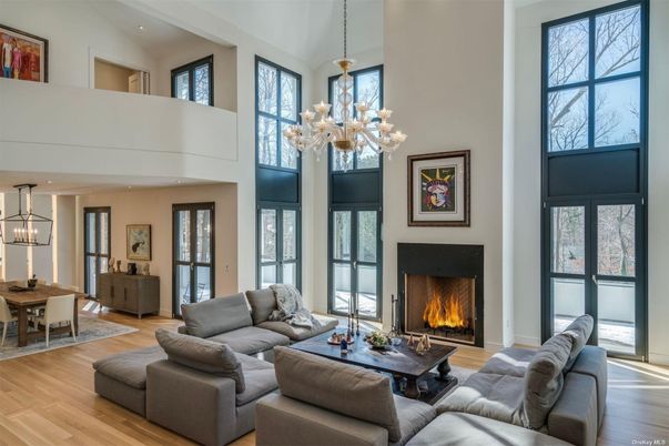 Chandelier, Dining room, Fireplace, Interior, Living room, Pendant Lights, Wood Texture Flooring