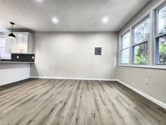 Empty room, Interior, Pendant Lights, Recessed Lighting, Wood Texture Flooring