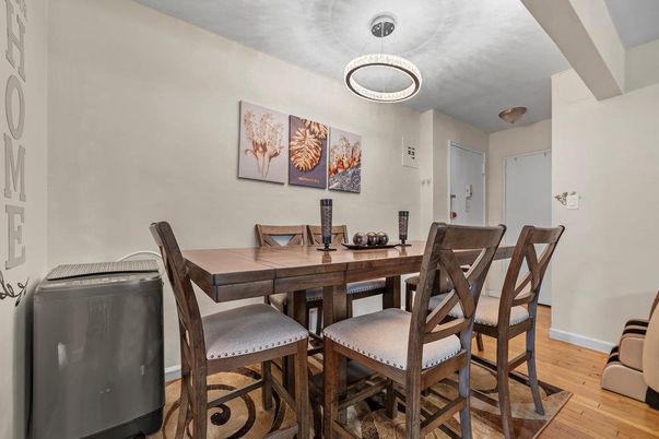 Dining room, Interior, Pendant Lights, Wood Texture Flooring