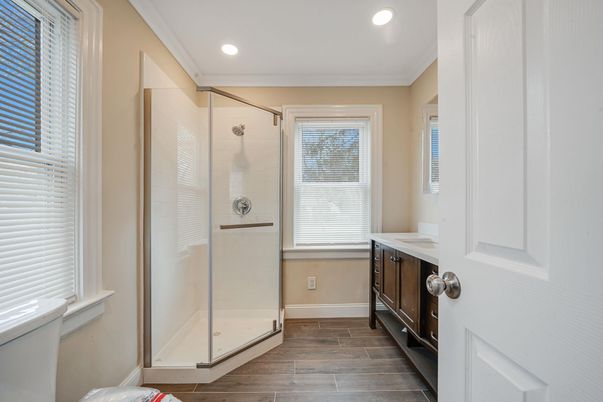 Bathroom, Glass Shower, Interior, Recessed Lighting, Wood Texture Flooring