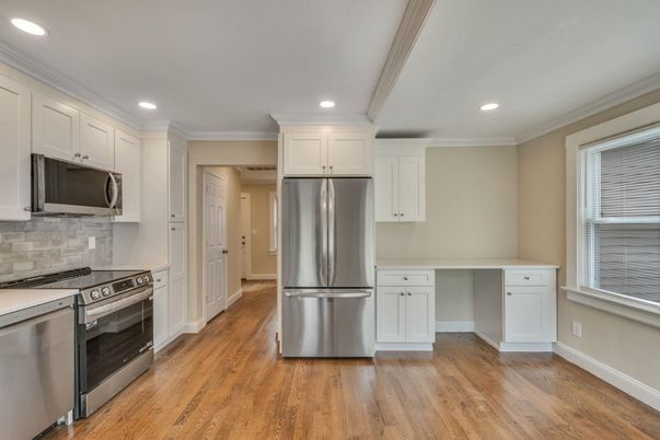 Interior, Kitchen, Recessed Lighting, Stainless Steel Appliances, Wood Texture Flooring