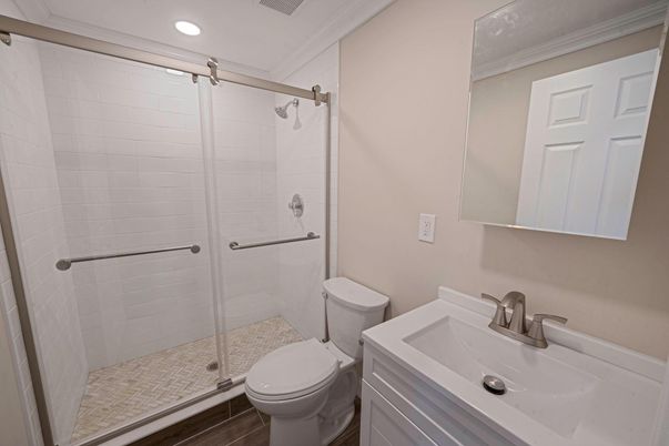 Bathroom, Glass Shower, Interior, Recessed Lighting