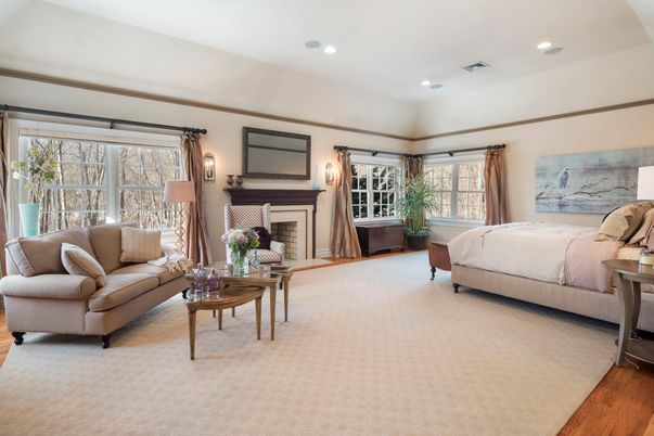 Bedroom, Fireplace, Interior, Living room, Recessed Lighting, Wood Texture Flooring