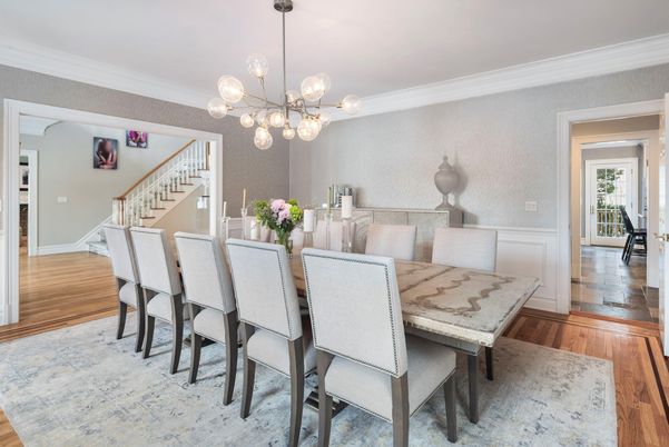 Dining room, Interior, Pendant Lights, Wood Texture Flooring