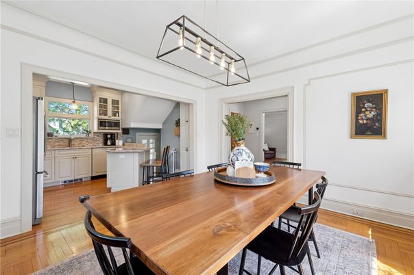 Dining room, Interior, Kitchen, Pendant Lights, Wood Texture Flooring