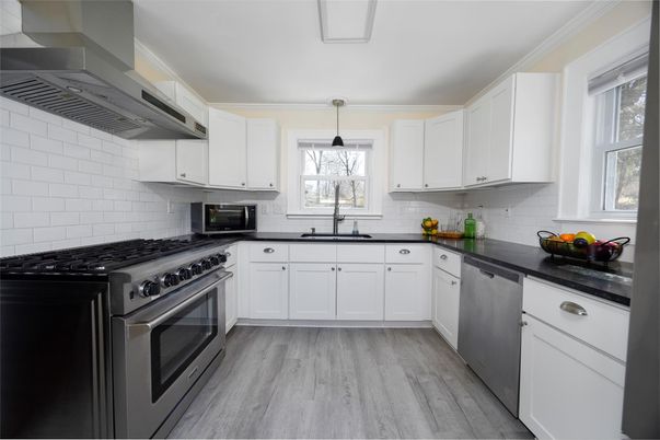 Interior, Kitchen, Pendant Lights, Stainless Steel Appliances, Wood Texture Flooring