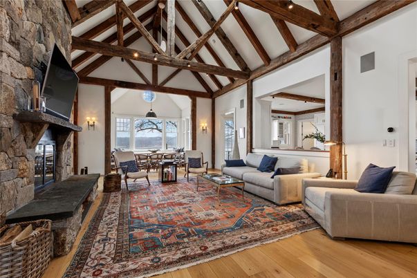Dining room, Fireplace, Interior, Living room, Stone Walls, Wooden Beams, Wood Texture Flooring