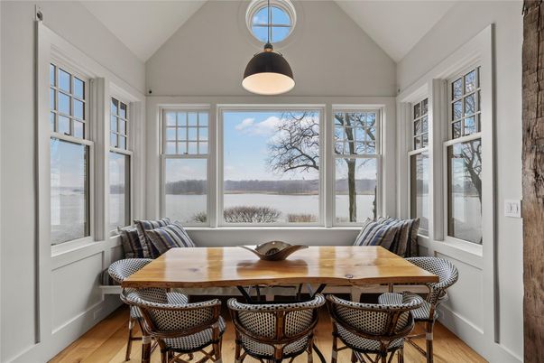 Dining room, Interior, Pendant Lights, Water, Wood Texture Flooring