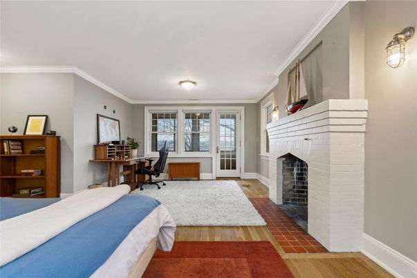 Bedroom, Fireplace, Home Office, Interior, Wood Texture Flooring