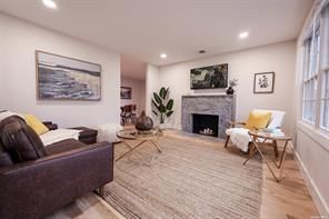 Fireplace, Interior, Living room, Recessed Lighting, Wood Texture Flooring