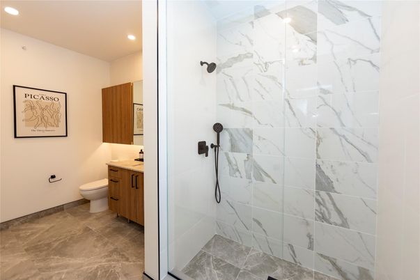 Bathroom, Glass Shower, Interior, Marble Walls, Recessed Lighting
