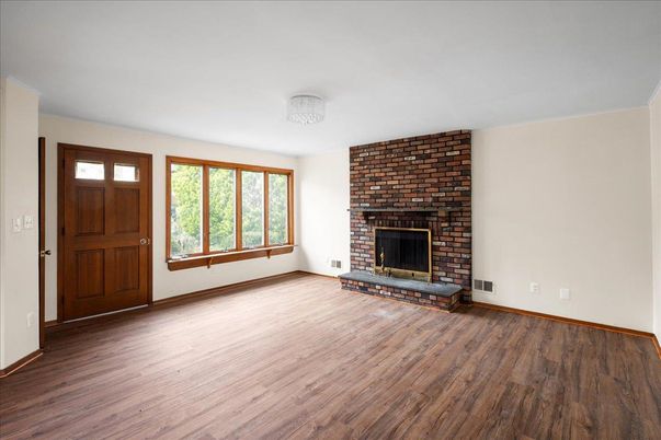 Empty room, Fireplace, Interior, Stone Walls, Wood Texture Flooring