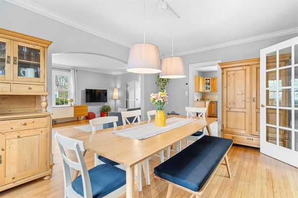 Dining room, Interior, Pendant Lights, Wood Texture Flooring