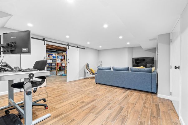 Home Office, Interior, Living room, Recessed Lighting, Wood Texture Flooring