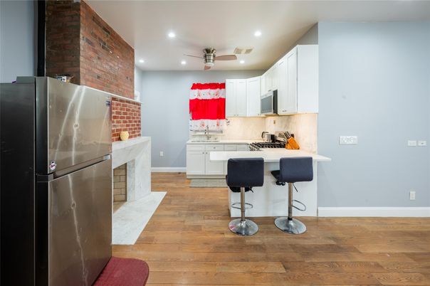Interior, Kitchen, Recessed Lighting, Stone Walls, Wood Texture Flooring