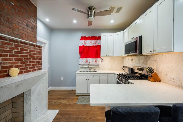 Interior, Kitchen, Recessed Lighting, Stone Walls, Wood Texture Flooring