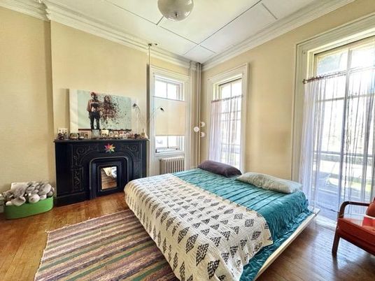 Bedroom, Fireplace, Interior, Wood Texture Flooring
