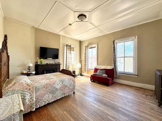 Bedroom, Fireplace, Interior, Wood Texture Flooring