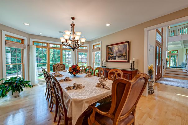 Chandelier, Dining room, Interior, Recessed Lighting, Wood Texture Flooring