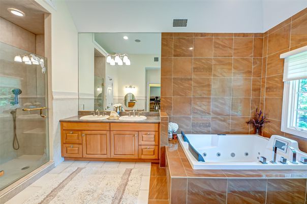Bathroom, Dual Sink Vanities, Glass Shower, Interior, Recessed Lighting