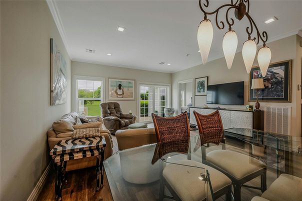 Dining room, Interior, Living room, Recessed Lighting, Wood Texture Flooring