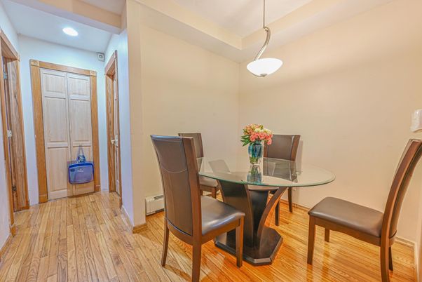 Dining room, Interior, Pendant Lights, Recessed Lighting, Wood Texture Flooring