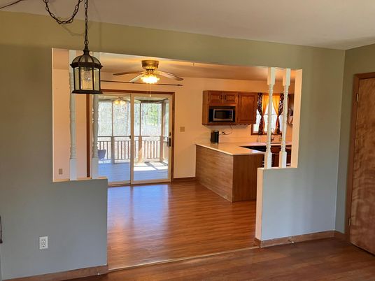 Interior, Kitchen, Pendant Lights, Wood Texture Flooring