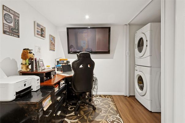 Home Office, Interior, Recessed Lighting, Utility Closets, Washer, Wood Texture Flooring
