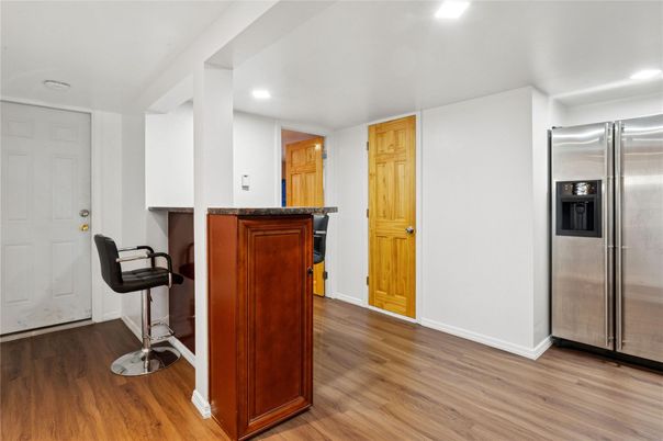 Interior, Kitchen, Recessed Lighting, Stainless Steel Appliances, Wood Texture Flooring