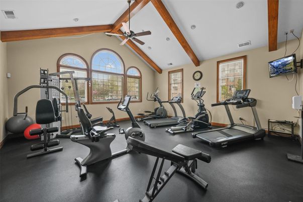 Fitness Equipment, Gym, Interior, Recessed Lighting, Wooden Beams