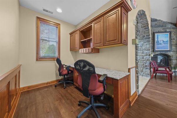 Home Office, Interior, Recessed Lighting, Stone Walls, Wood Texture Flooring