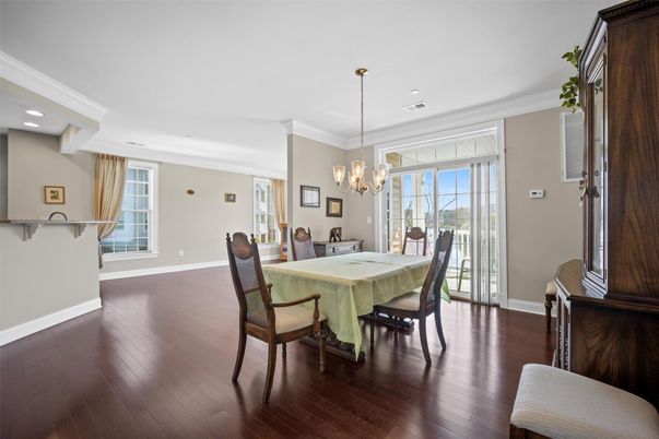 Chandelier, Dining room, Interior, Recessed Lighting, Wood Texture Flooring