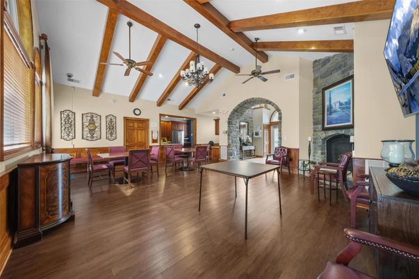 Dining room, Fireplace, Interior, Recessed Lighting, Wooden Beams, Wood Texture Flooring