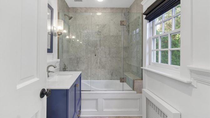 Bathroom, Glass Shower, Interior, Marble Walls